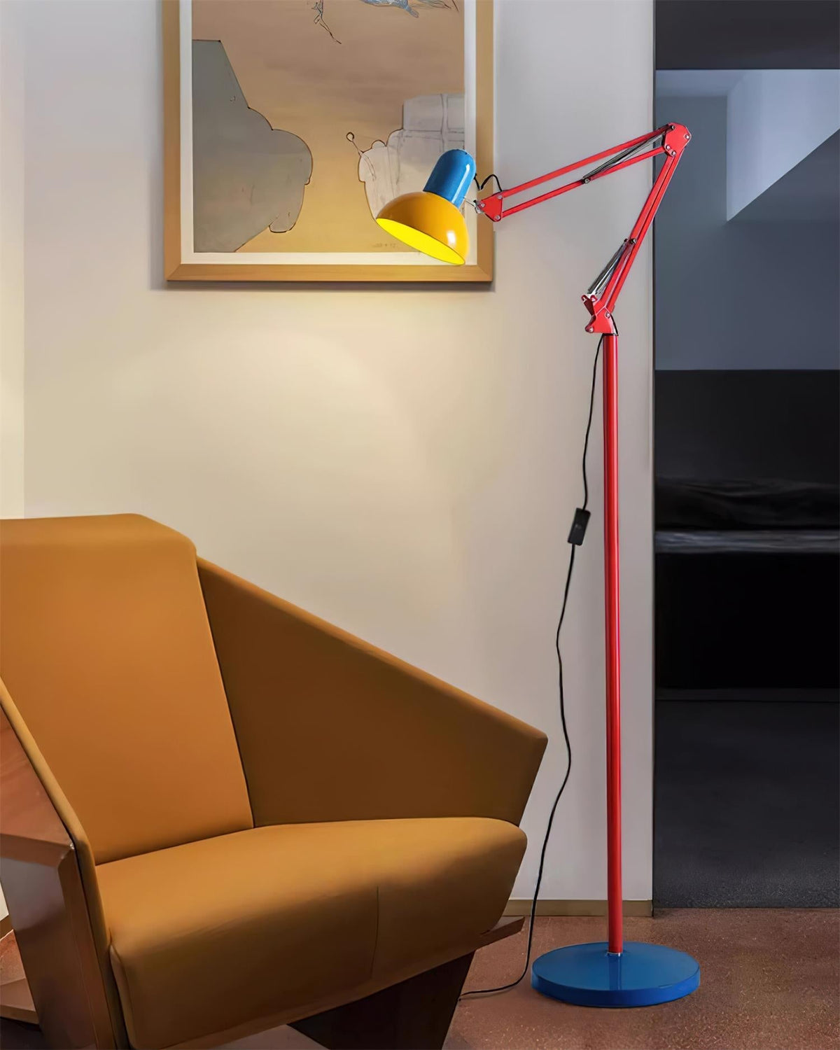 Articulated Task Lamp Standing Light 74 Inches Tall Posable Metal Reading Lamp Blue Red Yellow Colorful Modern Accent for Living Room Office