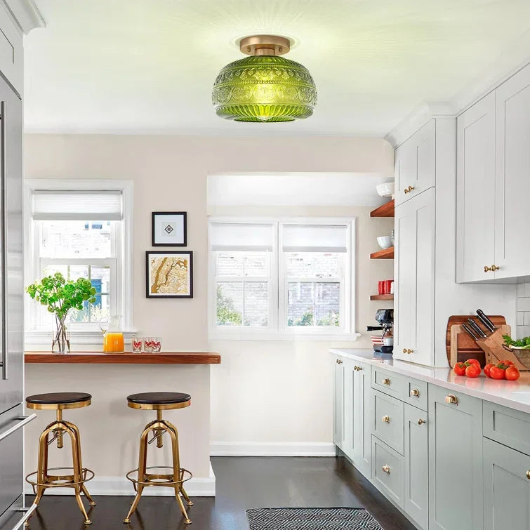 Glass Semi-Flush Ceiling Fixture – 9 in Dome Shade in Amber, Clear or Green for Bedrooms, Entryways & Low Ceilings