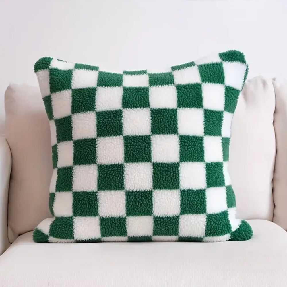 Flora Cushion Cover - Plush Faux Fur, Checkered Design for Sofa