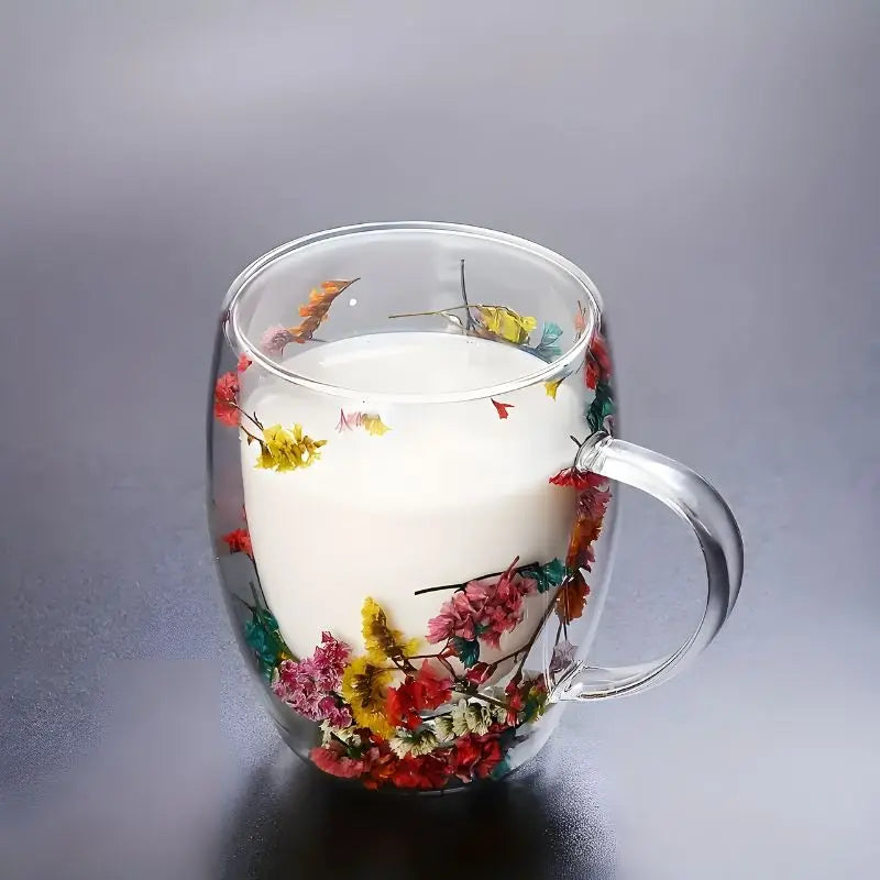 Insulated Double Wall Glass Mug 12.3 oz Floral Etched Clear Cup for Hot Coffee Cold Drinks Tea Latte Iced Beverages Kitchen Drinkware Gift