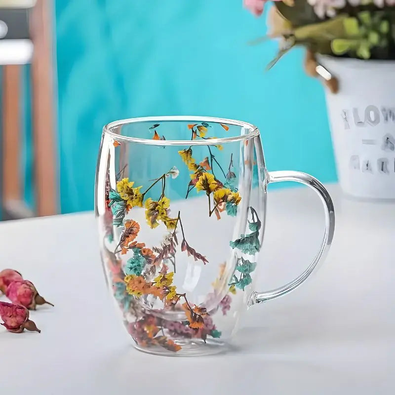 Insulated Double Wall Glass Mug 12.3 oz Floral Etched Clear Cup for Hot Coffee Cold Drinks Tea Latte Iced Beverages Kitchen Drinkware Gift
