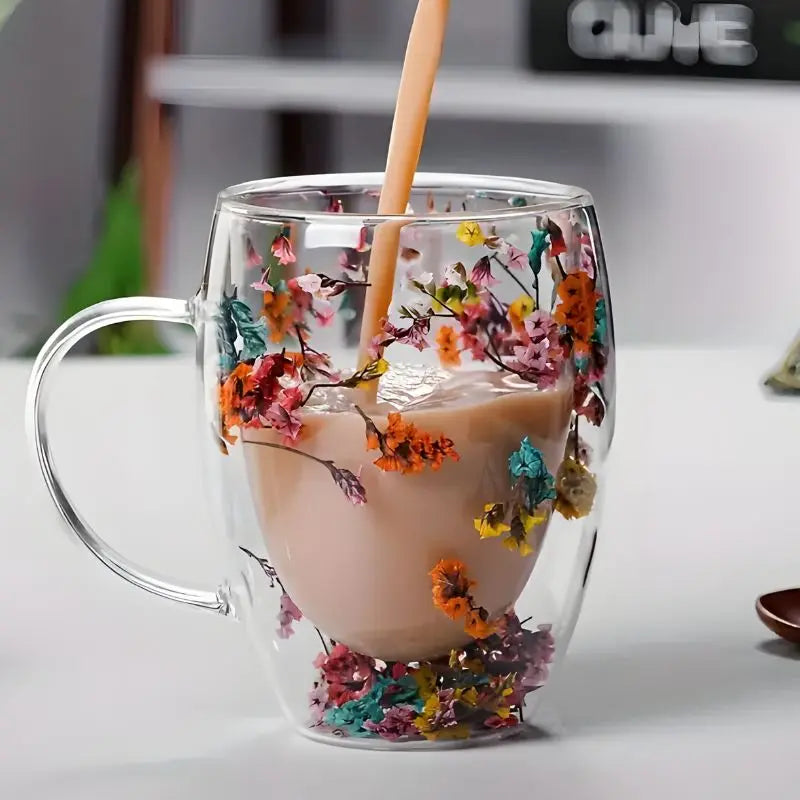 Insulated Double Wall Glass Mug 12.3 oz Floral Etched Clear Cup for Hot Coffee Cold Drinks Tea Latte Iced Beverages Kitchen Drinkware Gift