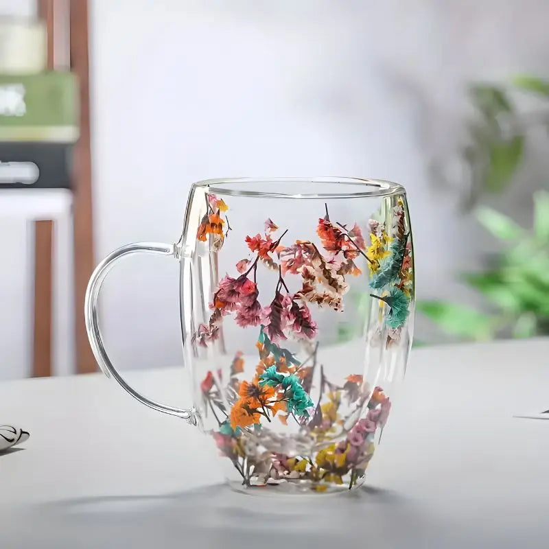 Insulated Double Wall Glass Mug 12.3 oz Floral Etched Clear Cup for Hot Coffee Cold Drinks Tea Latte Iced Beverages Kitchen Drinkware Gift