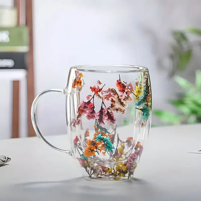 Insulated Double Wall Glass Mug 12.3 oz Floral Etched Clear Cup for Hot Coffee Cold Drinks Tea Latte Iced Beverages Kitchen Drinkware Gift