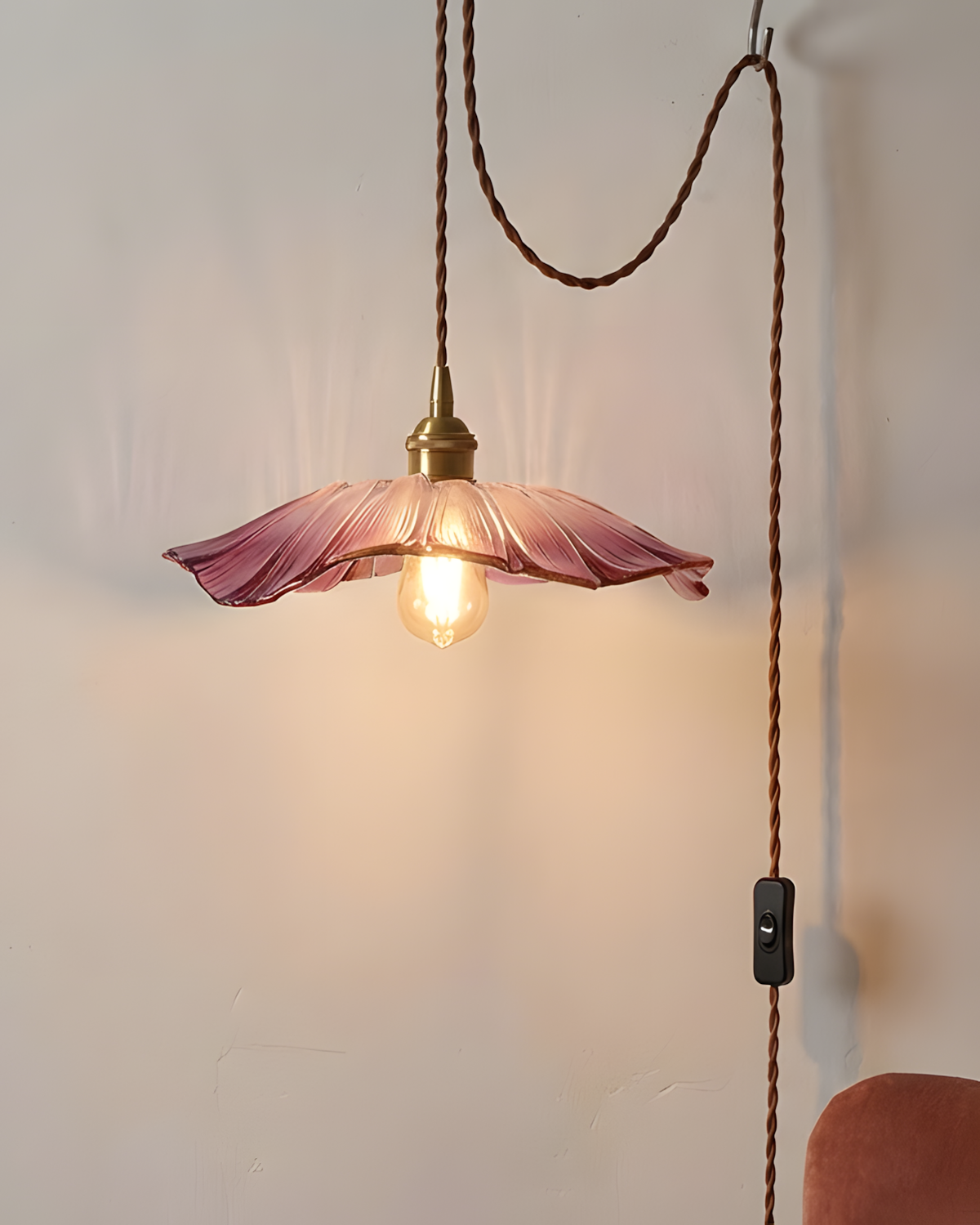 Hanging Ceiling Fixture with Floral Glass Shade 11 in x 5 in for Dining Areas Kitchen Islands Breakfast Nooks Pink Clear Green Finish Adjust