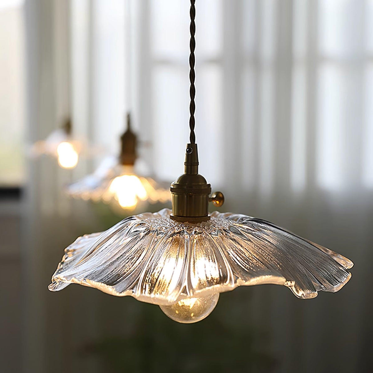 Glass Floral Pendant Ceiling Light 11 in Clear Copper Kitchen Island Dining Room Hanging Lamp E27 Fixture Vintage Style Decorative Lighting