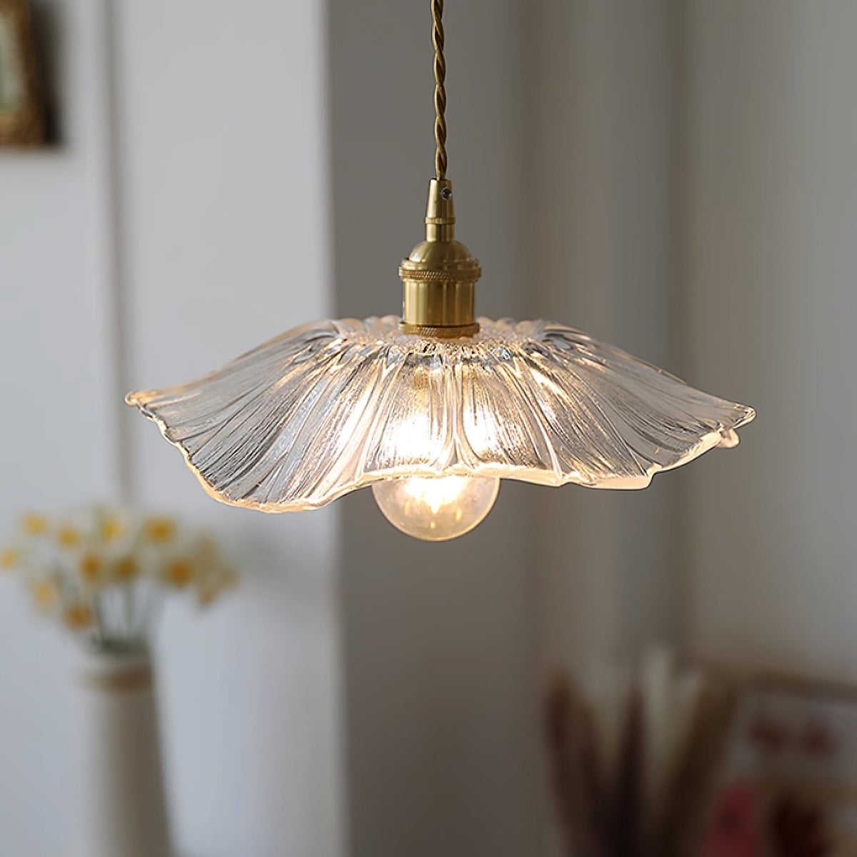 Hanging Ceiling Fixture with Floral Glass Shade 11 in x 5 in for Dining Areas Kitchen Islands Breakfast Nooks Pink Clear Green Finish Adjust
