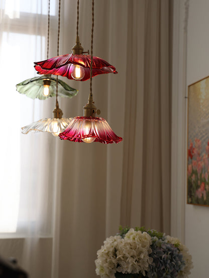 Hanging Ceiling Fixture with Floral Glass Shade 11 in x 5 in for Dining Areas Kitchen Islands Breakfast Nooks Pink Clear Green Finish Adjust
