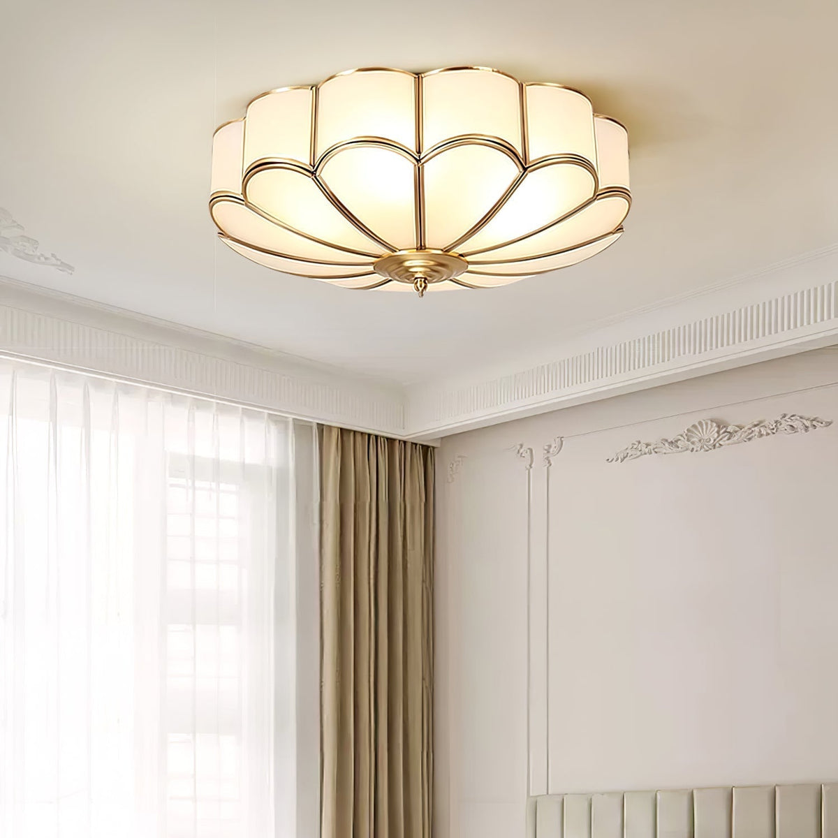 Gold Flush Mount Light Fixture Round Glass Shade Brass Frame Diffused Glow for Entryway Dining Room Bedroom LED Compatible Multi-Bulb