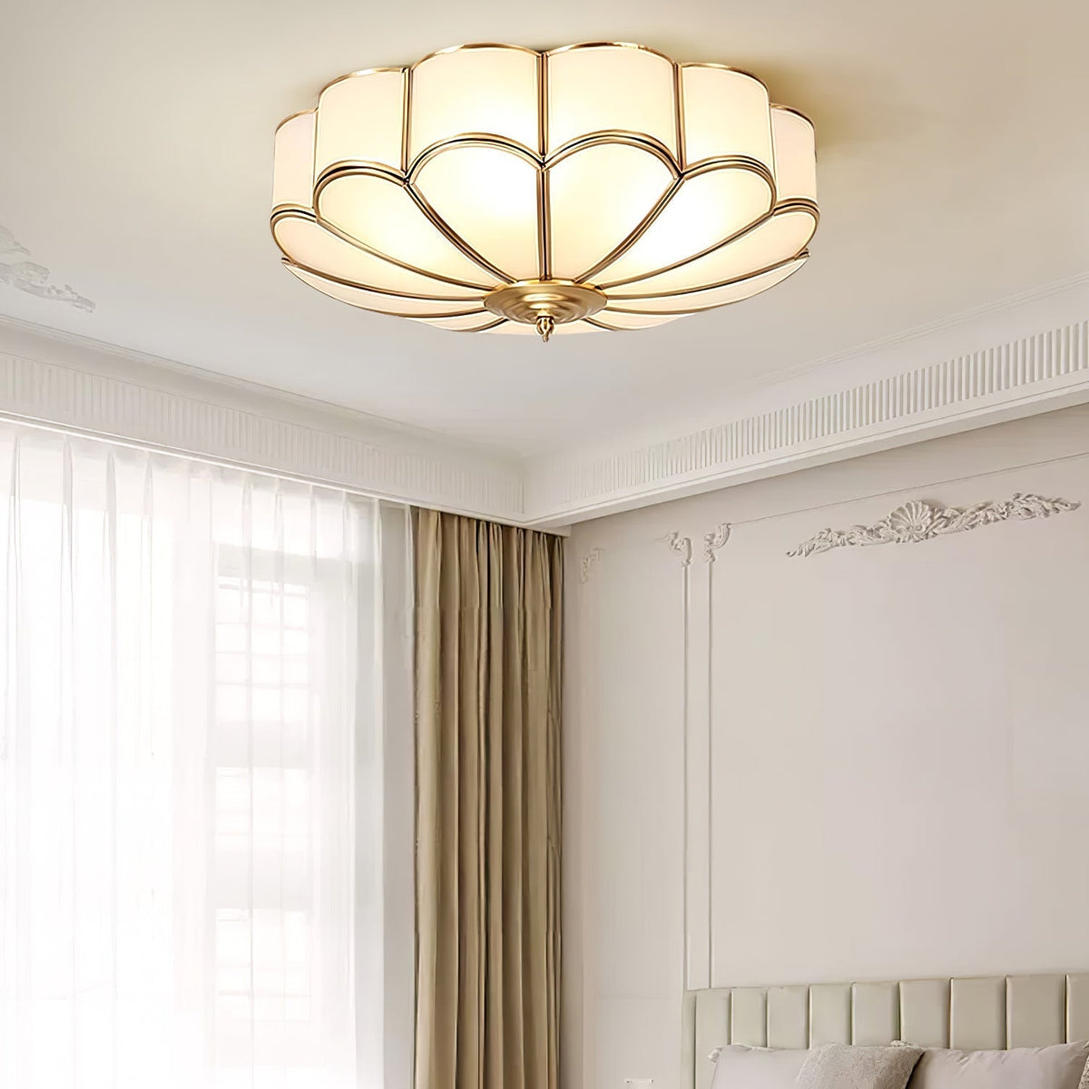 Gold Flush Mount Light Fixture Round Glass Shade Brass Frame Diffused Glow for Entryway Dining Room Bedroom LED Compatible Multi-Bulb