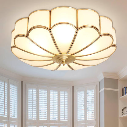 Flush Mount Glass Shade Fixture with Brass Frame Round Design for Entryway Kitchen Bedroom Ambient Overhead Lighting Home Décor
