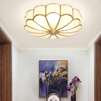 Flush Mount Glass Shade Fixture with Brass Frame Round Design for Entryway Kitchen Bedroom Ambient Overhead Lighting Home Décor