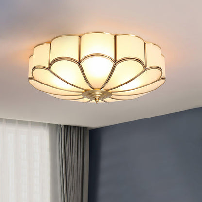 Gold Flush Mount Light Fixture Round Glass Shade Brass Frame Diffused Glow for Entryway Dining Room Bedroom LED Compatible Multi-Bulb