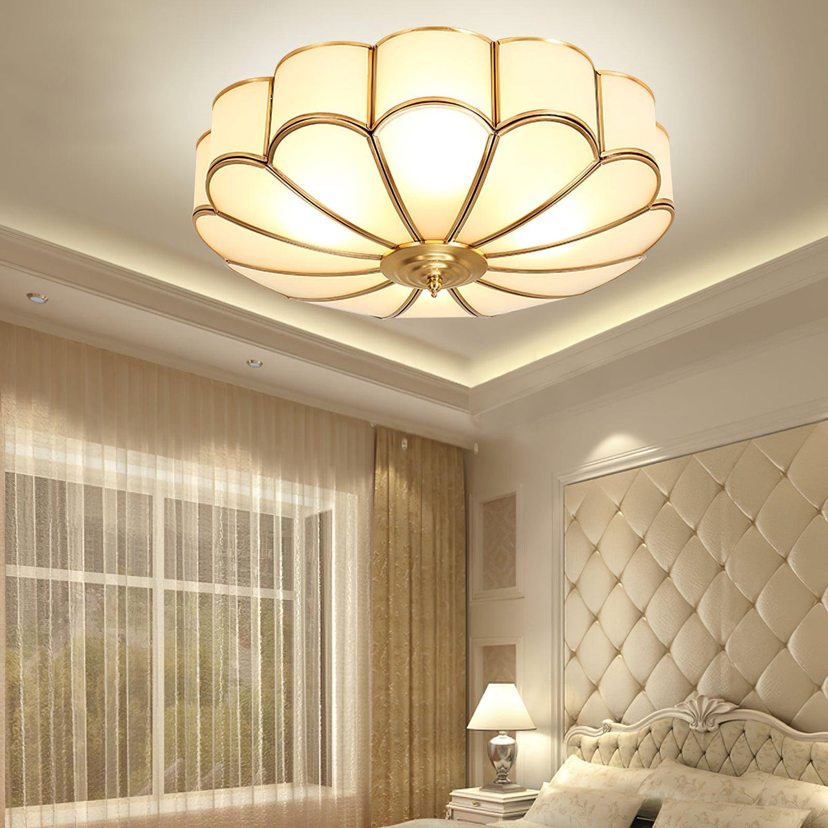 Flush Mount Glass Shade Fixture with Brass Frame Round Design for Entryway Kitchen Bedroom Ambient Overhead Lighting Home Décor