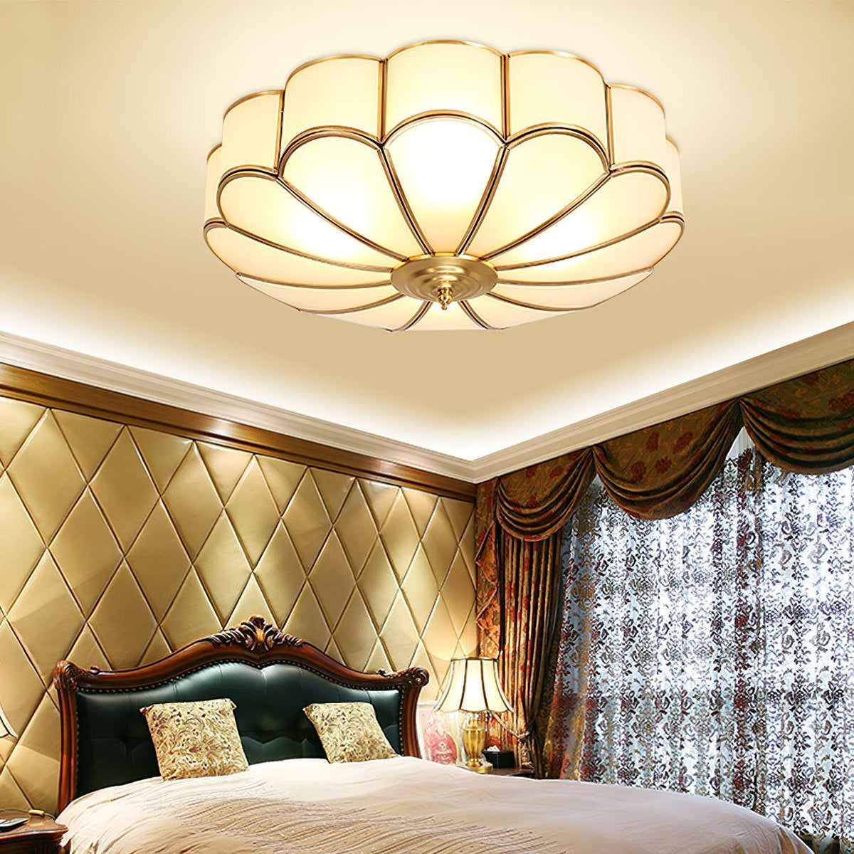 Gold Flush Mount Light Fixture Round Glass Shade Brass Frame Diffused Glow for Entryway Dining Room Bedroom LED Compatible Multi-Bulb