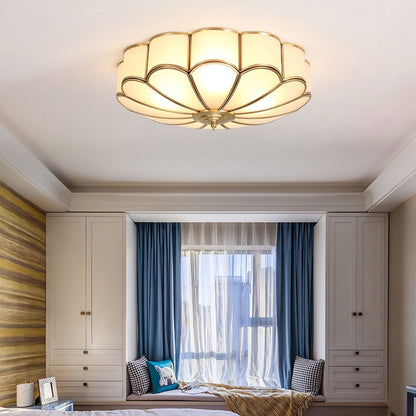 Flush Mount Glass Shade Fixture with Brass Frame Round Design for Entryway Kitchen Bedroom Ambient Overhead Lighting Home Décor