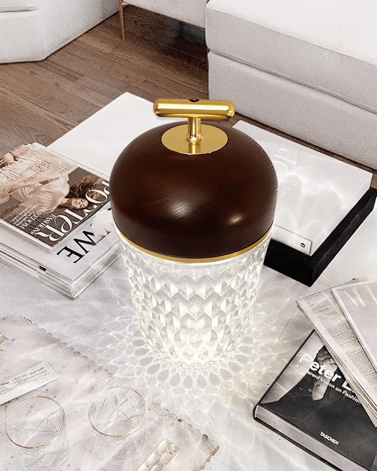 Rechargeable Crystal Desk Lamp with Wood Accents & USB Port – 11 in Cordless LED Reading Light for Nightstand, Office, Bedroom, Patio