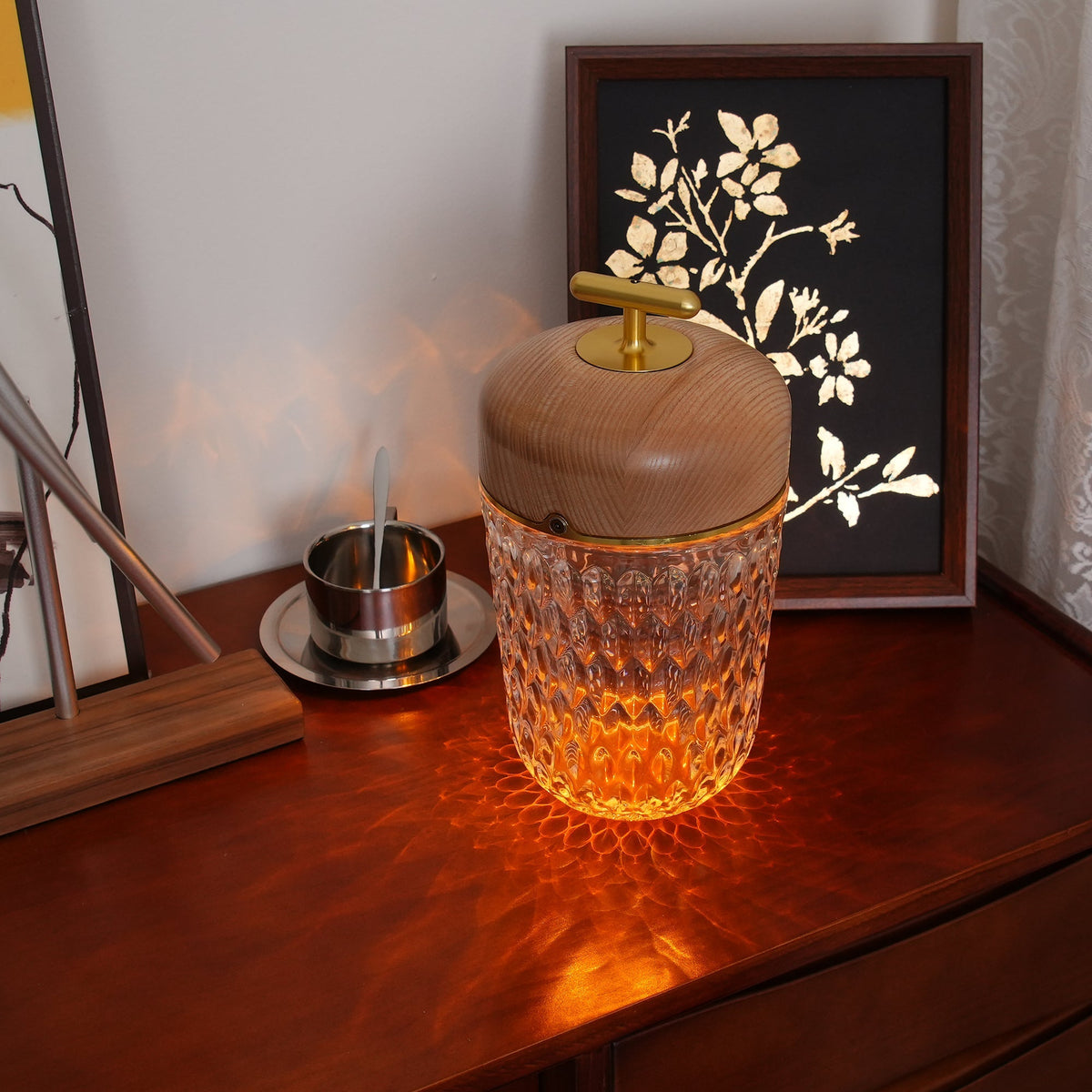 Rechargeable Crystal Desk Lamp with Wood Accents & USB Port – 11 in Cordless LED Reading Light for Nightstand, Office, Bedroom, Patio