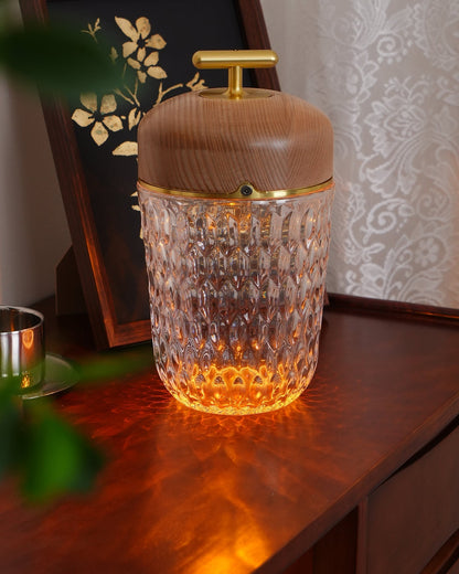 Rechargeable Crystal Desk Lamp with Wood Accents & USB Port – 11 in Cordless LED Reading Light for Nightstand, Office, Bedroom, Patio