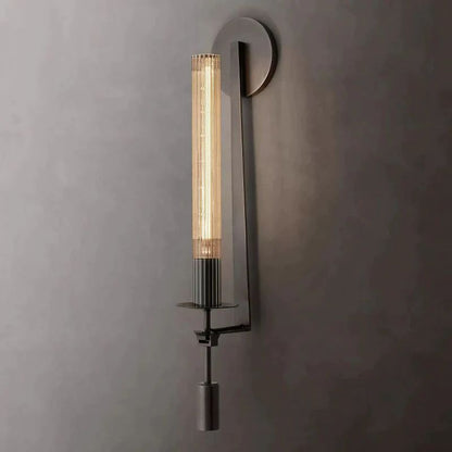 Vintage Brass Wall Light with Ribbed Glass Shade – Edison Bulb Fixture for Bedroom & Dining Room