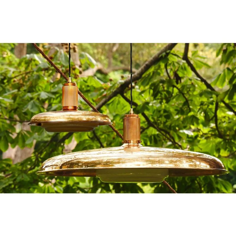 Hand-Spun Brass Pendant Light with Handblown Glass Shade in 5 Finishes – 16, 24 or 34 Inch Round Ceiling Light for Dining Room Kitchen
