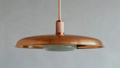 Hand-Spun Brass Pendant Light with Handblown Glass Shade in 5 Finishes – 16, 24 or 34 Inch Round Ceiling Light for Dining Room Kitchen