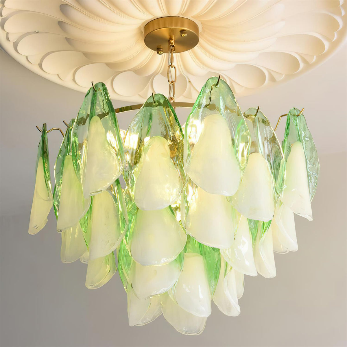 Tiered Glass Petal Ceiling Light Gold Metal Frame for Dining Rooms Living Rooms Foyers Adjustable 20-39 Inch Multi-Level Ambient Fixture