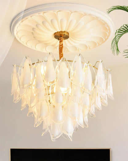 Tiered Glass Petal Ceiling Light Gold Metal Frame for Dining Rooms Living Rooms Foyers Adjustable 20-39 Inch Multi-Level Ambient Fixture