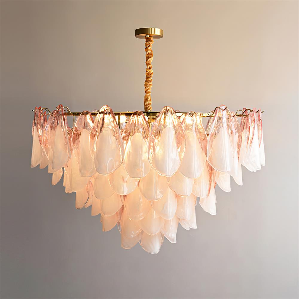 Tiered Glass Petal Ceiling Light Gold Metal Frame for Dining Rooms Living Rooms Foyers Adjustable 20-39 Inch Multi-Level Ambient Fixture