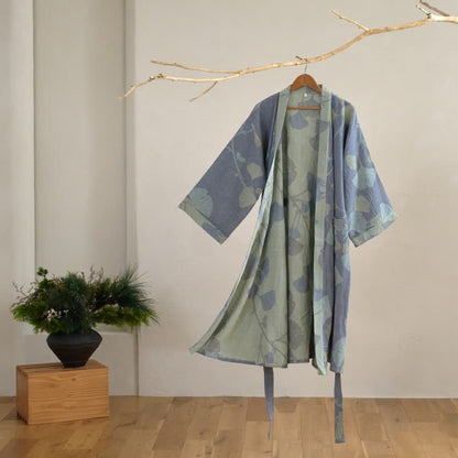 Japanese-Style Bathrobe Made of Organic Cotton Gauze – Ginkgo Leaf Design