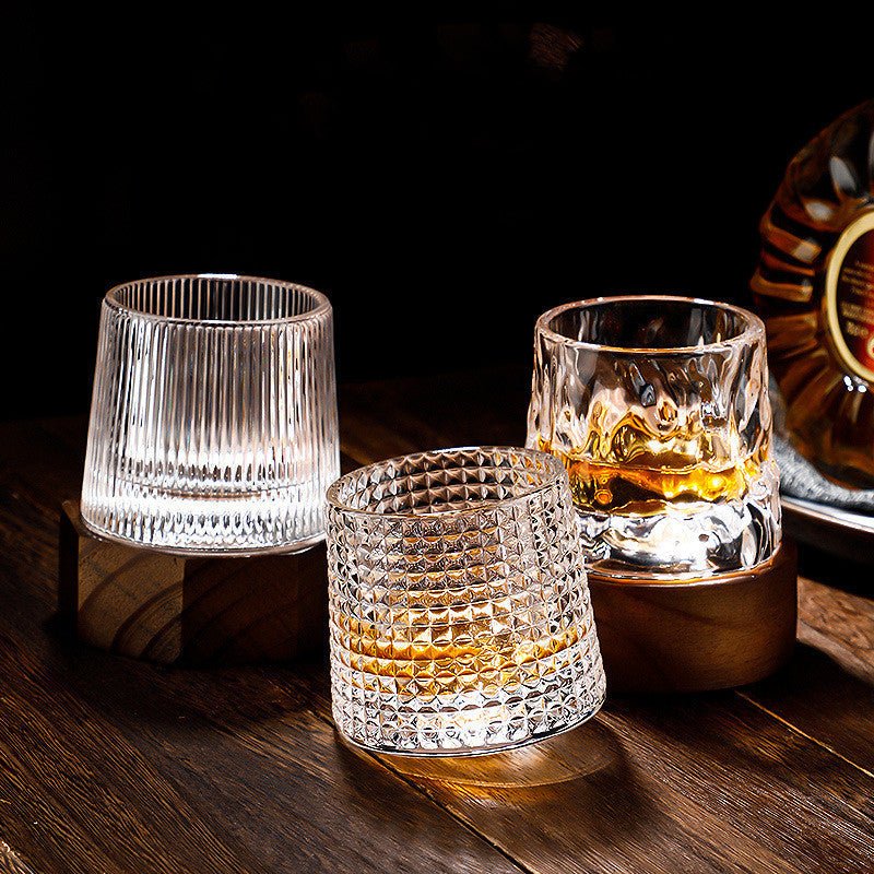 Rotating Crystal Tumbler Set Lead-Free 6.3 in Tall Rocks Glass for Scotch Bourbon Cocktails Home Bar Glassware Unique Swirl Base Design Gift