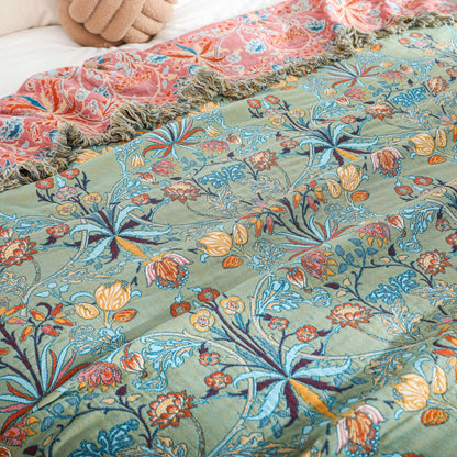 Reversible Cotton Throw Blanket with Floral Jacquard Weave & Tassels for Bed or Couch – 79×90.5 in Heavyweight Breathable Botanical Design