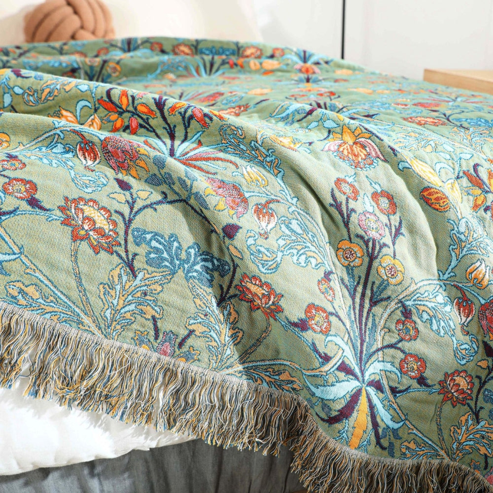 Reversible Cotton Throw Blanket with Floral Jacquard Weave & Tassels for Bed or Couch – 79×90.5 in Heavyweight Breathable Botanical Design