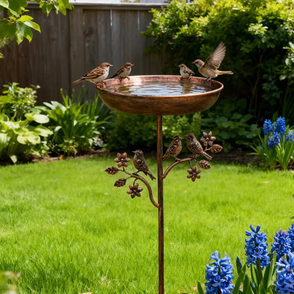 Metal Bird Bath Bowl on Decorative Stake for Yard & Garden | Freestanding Water Station with Multi-Prong Ground Spike for Songbirds
