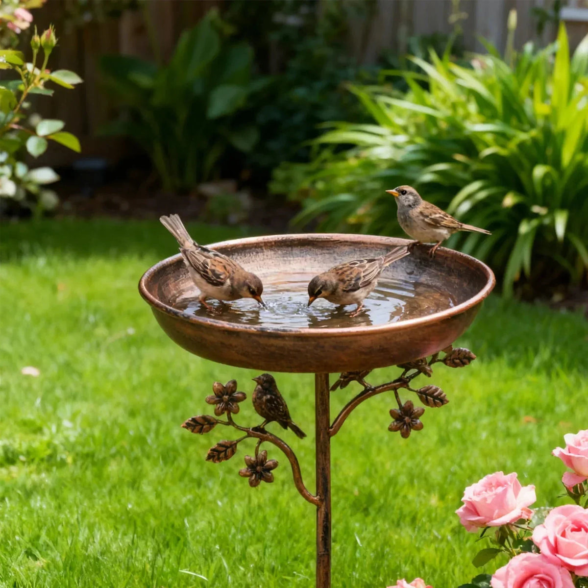 Metal Bird Bath Bowl on Decorative Stake for Yard & Garden | Freestanding Water Station with Multi-Prong Ground Spike for Songbirds