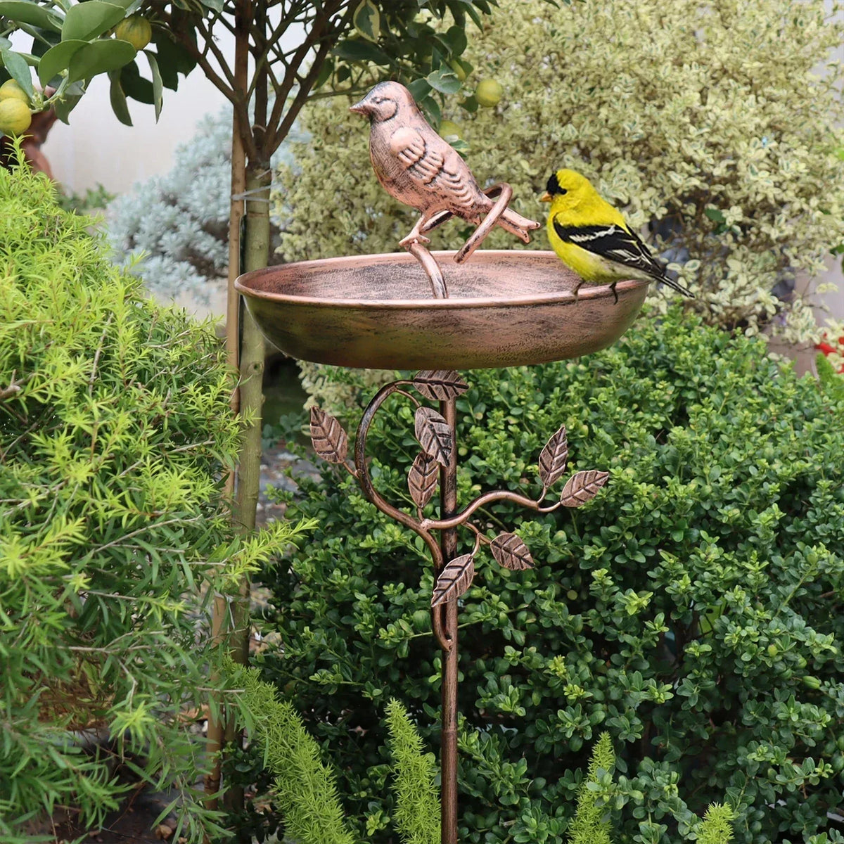 Metal Bird Bath Bowl on Decorative Stake for Yard & Garden | Freestanding Water Station with Multi-Prong Ground Spike for Songbirds