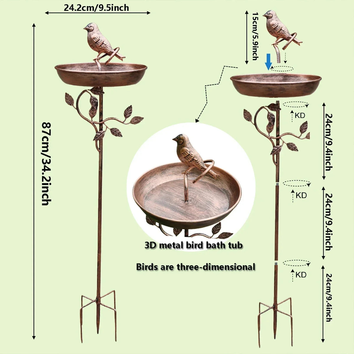 Metal Bird Bath Stake Garden Ornament with Decorative Bowl for Outdoor Yard Feeding Station
