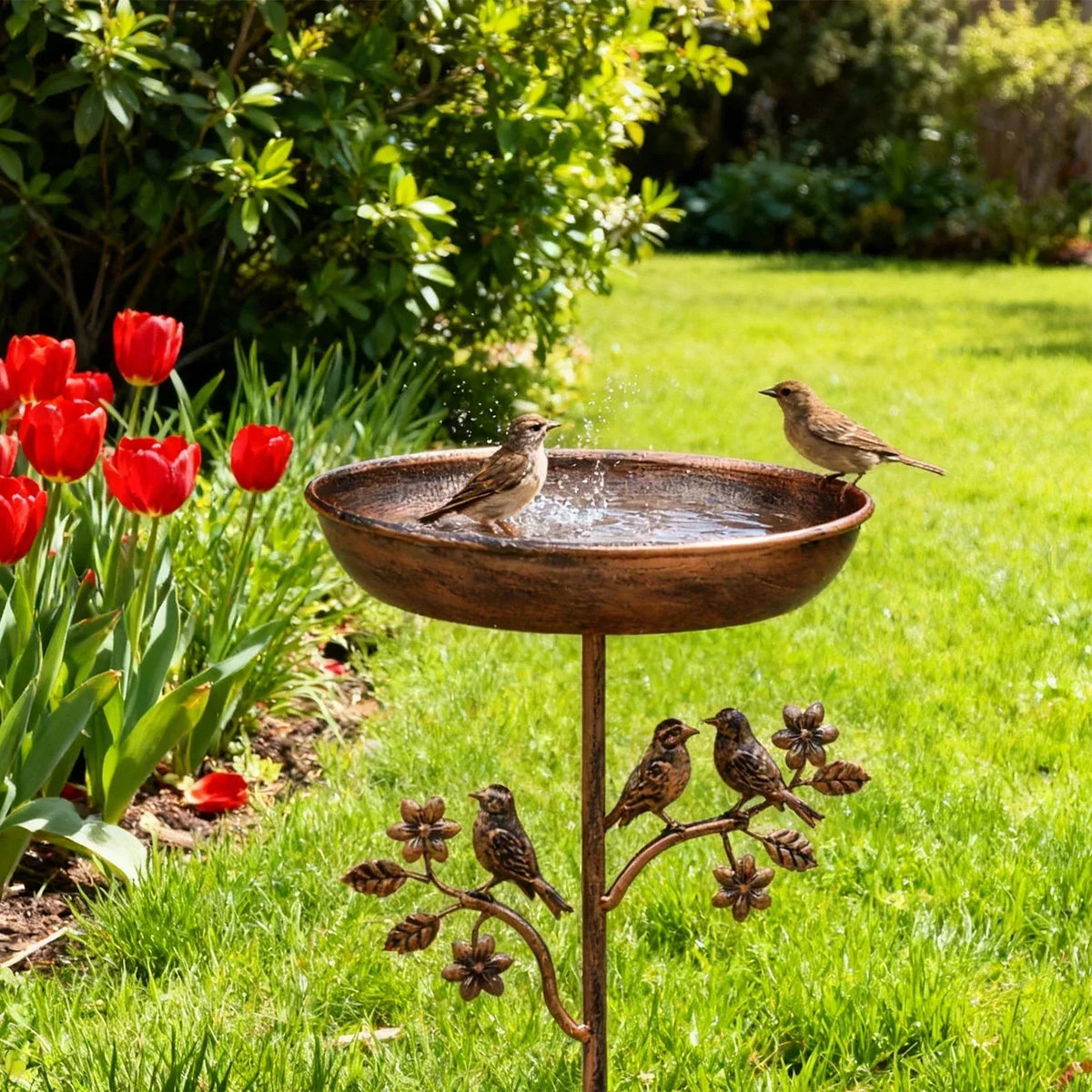 Metal Bird Bath Stake Garden Ornament with Decorative Bowl for Outdoor Yard Feeding Station