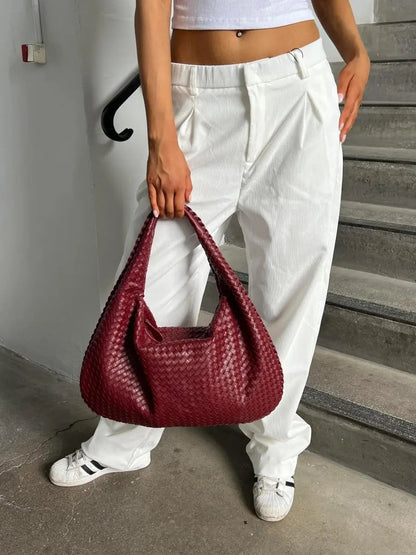 Woven Leather Hobo Shoulder Bag for Women - Soft Genuine Leather Everyday Purse with Zip Closure - Lightweight 19 in Tote for Daily Use