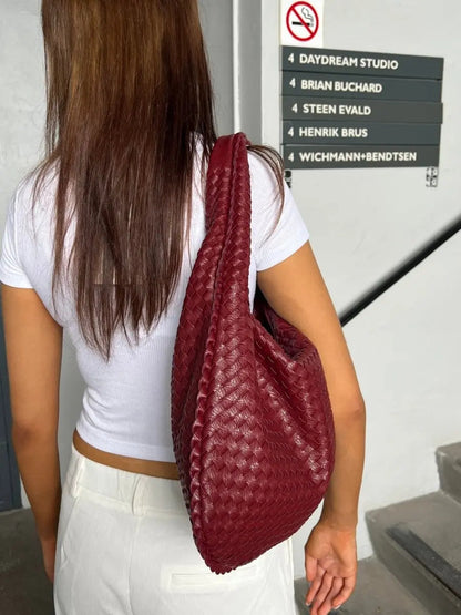 Woven Leather Hobo Shoulder Bag for Women - Soft Genuine Leather Everyday Purse with Zip Closure - Lightweight 19 in Tote for Daily Use