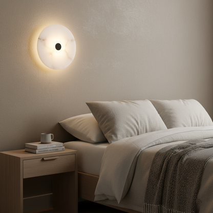 Round Alabaster Sconce LED Warm Glow Indoor Natural Stone Circle Fixture Iron Frame Bedroom Hallway Living Room Ambient Lighting 12.6 Inch