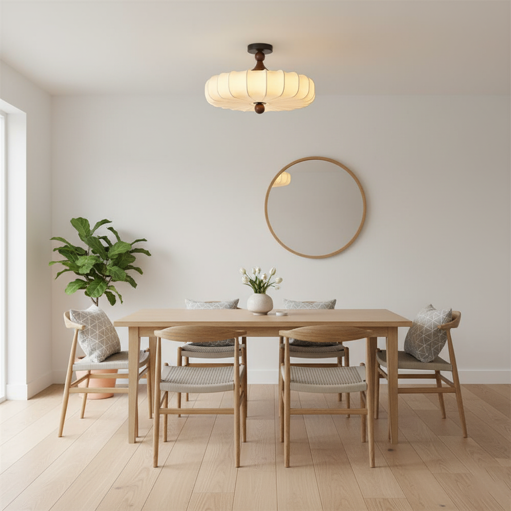 Flush Mount Wood Ceiling Light with Scalloped Fabric Shade 18×12 in LED Fixture for Dining Room Bedroom Entryway Black Walnut Finish Modern