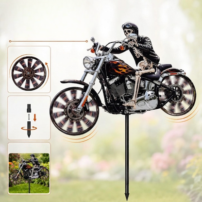 Skeleton Biker Wind Spinner Garden Stake Metal Chopper Motorcycle Lawn Ornament Outdoor Yard Art Halloween Decoration Spinning Wheels for