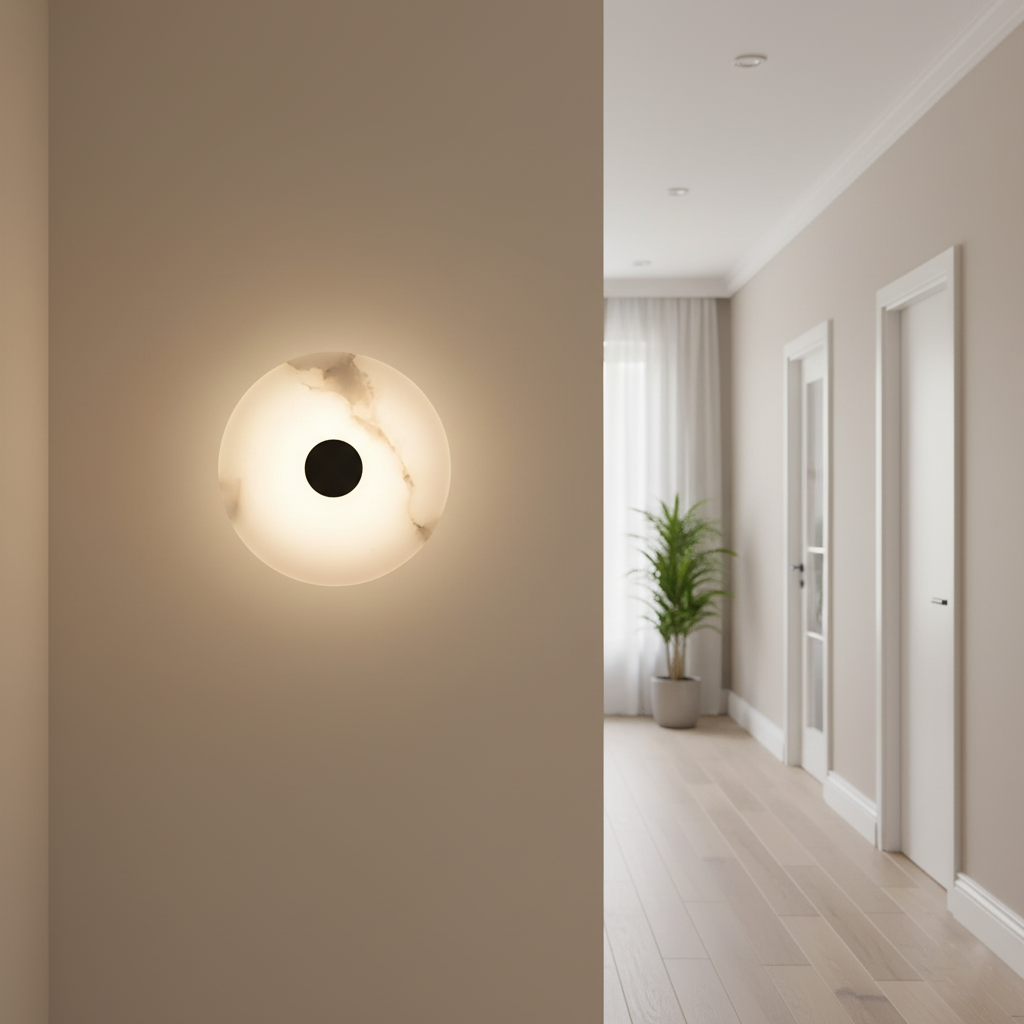 Round Alabaster Sconce LED Warm Glow Indoor Natural Stone Circle Fixture Iron Frame Bedroom Hallway Living Room Ambient Lighting 12.6 Inch