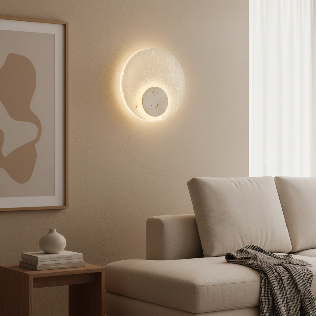 Circular Stone-Effect LED Sconce 12-Inch Diameter Flush-Mount Fixture for Hallways Bedrooms Living Rooms Modern Minimalist Design with Adjus