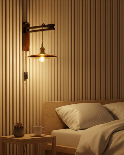 Swing-Arm Sconce with Wood & Brass Construction – Adjustable Directional Lighting for Bedroom, Reading Nook, Hallway – Multiple Shade Styles