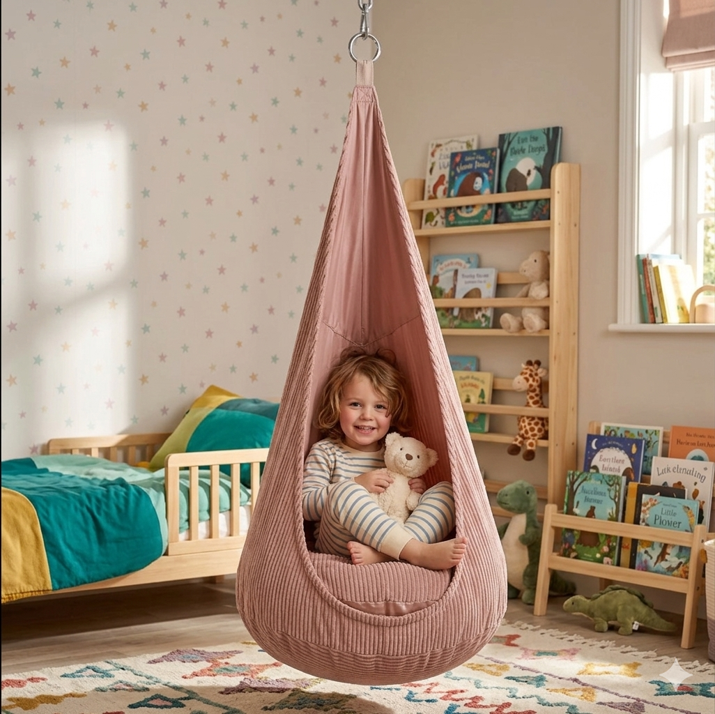 Pod Chair for Kids Pink Corduroy Cocoon Seat 62 in Hanging Bedroom Swing Indoor Therapy Hammock Playroom Retreat Calm Corner Sensory Space
