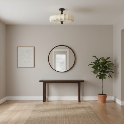 Flush Mount Wood Ceiling Light with Scalloped Fabric Shade 18×12 in LED Fixture for Dining Room Bedroom Entryway Black Walnut Finish Modern