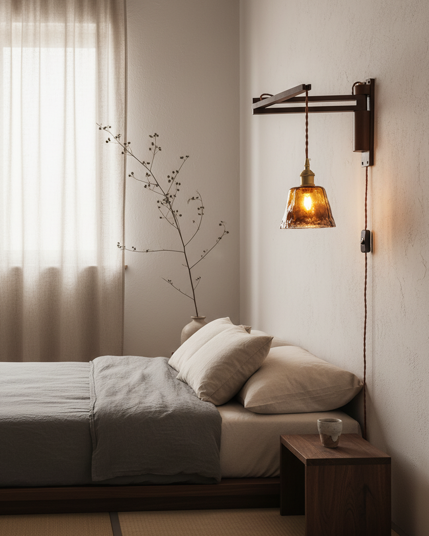 Swing-Arm Sconce with Wood & Brass Construction – Adjustable Directional Lighting for Bedroom, Reading Nook, Hallway – Multiple Shade Styles