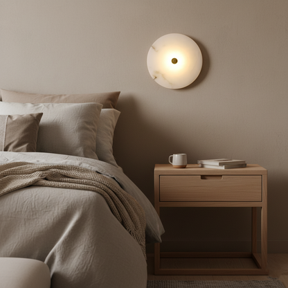 Round Alabaster Sconce LED Warm Glow Indoor Natural Stone Circle Fixture Iron Frame Bedroom Hallway Living Room Ambient Lighting 12.6 Inch